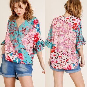 Umgee Boho Floral Mixed Print Ruffle Sleeve Blouse Oversize